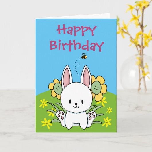 Carte Joyeux lapin d'anniversaire (Fleur jaune)