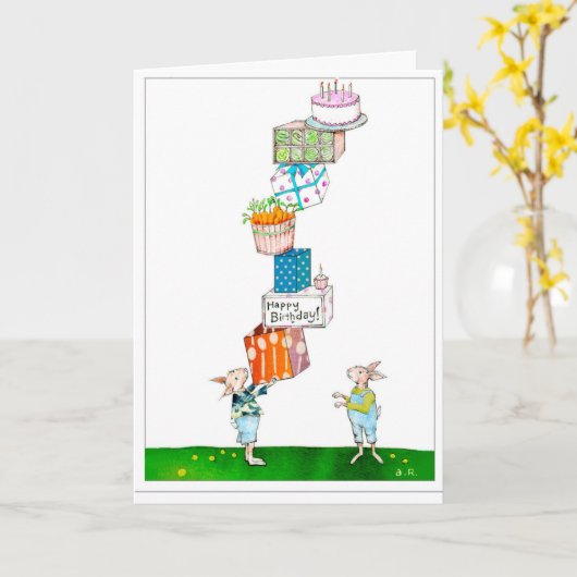 Carte Joyeux lapins d'anniversaire (Fleur jaune)