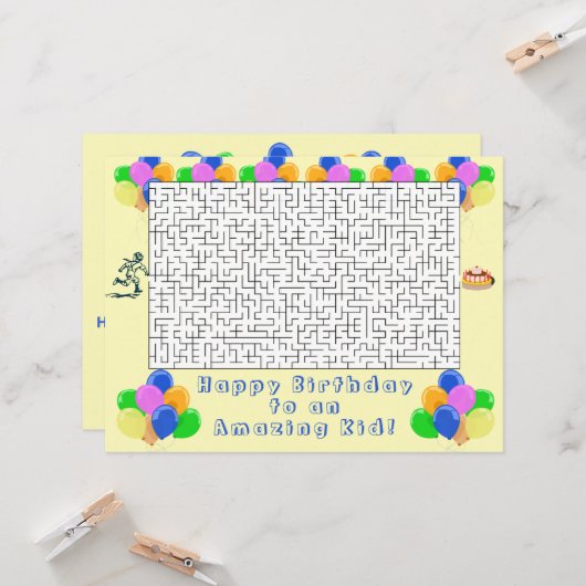 Carte Joyeux Maze d'anniversaire et ballons Crème Extrao (Devant/Arrière en situation)