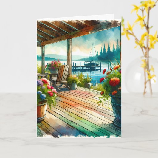 Carte Joyeux miel d'anniversaire | Jolie vue Lakehouse (Fleur jaune)