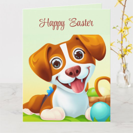 Carte Joyeux mignon chien souriant (Fleur jaune)