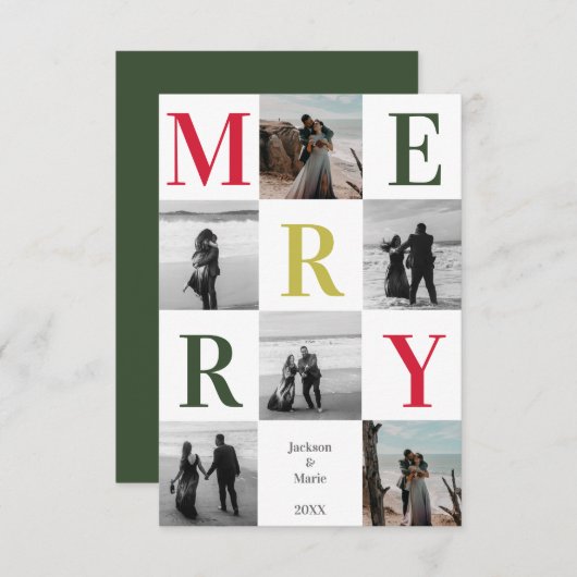 Carte Joyeux Multi photo Design de Noël foncé Vert (Devant / Derrière)