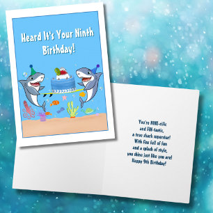 Carte Joyeux Ninth Birthday Sharks with Cake card
