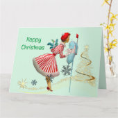 Carte Joyeux Noël 1950 de la Vintage dame d'or (Fleur jaune)