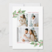 Carte Joyeux Noël Aquarelle Holly 3 Photos Vacances (Devant)