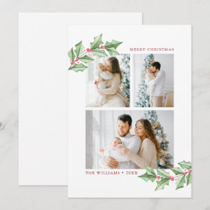 Carte Joyeux Noël Aquarelle Holly 3 Photos Vacances