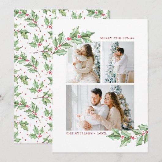 Carte Joyeux Noël Aquarelle Holly 3 Photos Vacances (Devant / Derrière)