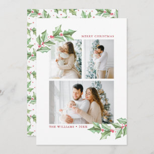 Carte Joyeux Noël Aquarelle Holly 3 Photos Vacances