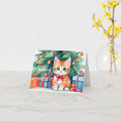 Carte Joyeux Noël Aquarelle Orange Kitten (Fleur jaune)