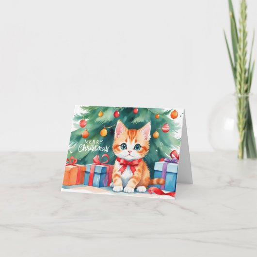 Carte Joyeux Noël Aquarelle Orange Kitten (Devant)