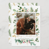 Carte Joyeux Noël aquarelle verdure or rouge saint (Devant / Derrière)