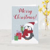 Carte Joyeux Noël au Manchot Mignon (Fleur jaune)