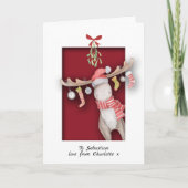Carte Joyeux Noël avec un élan mignon et du gui (Devant)