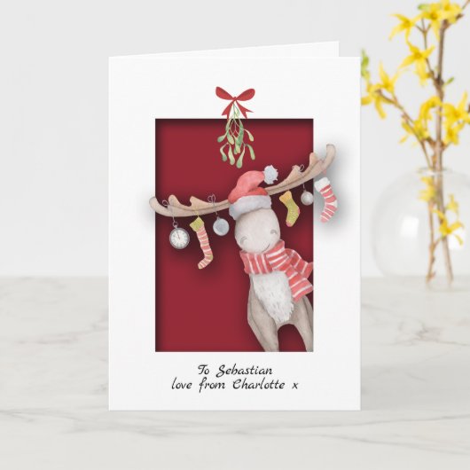Carte Joyeux Noël avec un élan mignon et du gui (Fleur jaune)