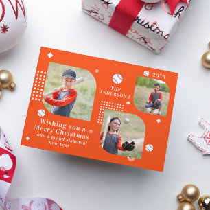 Carte Joyeux Noël Baseball Sport 3 Photo Nom de famille