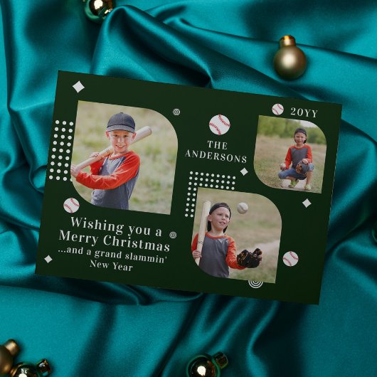 Carte Joyeux Noël Baseball Sport 3 Photo Nom de famille