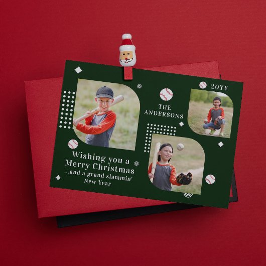 Carte Joyeux Noël Baseball Sport 3 Photo Nom de famille