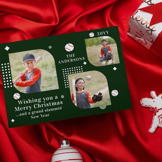 Carte Joyeux Noël Baseball Sport 3 Photo Nom de famille