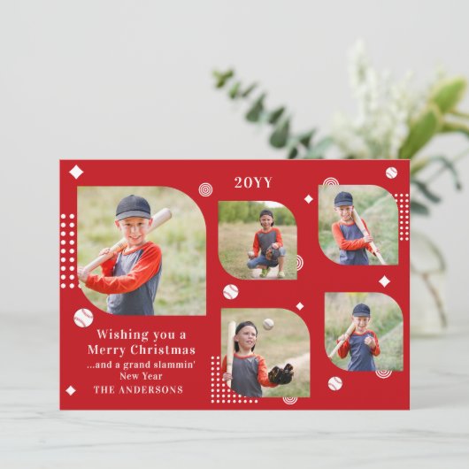 Carte Joyeux Noël Baseball Sport 5 Photo Nom de famille (Debout devant)