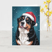 Carte Joyeux Noël Bernese Mountain Dog à Père Noël (Fleur jaune)