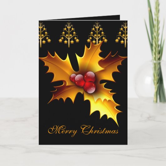 Carte Joyeux Noël Black Red Gold Holly (Devant)