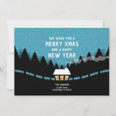 Carte Joyeux Noël bleu avec des pins rétro (Devant)