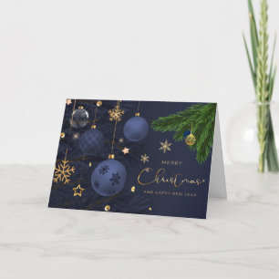 Carte Joyeux Noël Bleu, Ornements Dorés 