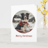 Carte Joyeux Noël Bordure Collie Chien Snowman (Fleur jaune)