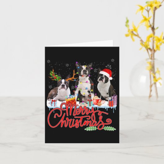 Carte Joyeux Noël Boston Terrier Père Noël Reindeer Ligh (Fleur jaune)