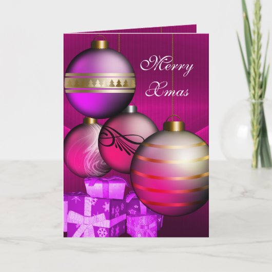 Carte Joyeux Noël Boules Roses Prune (Devant)