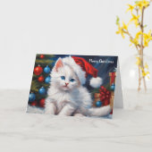 Carte Joyeux Noël Chat blanc et Arbre de Noël (Fleur jaune)