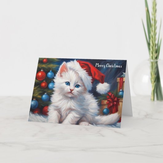 Carte Joyeux Noël Chat blanc et Arbre de Noël (Devant)