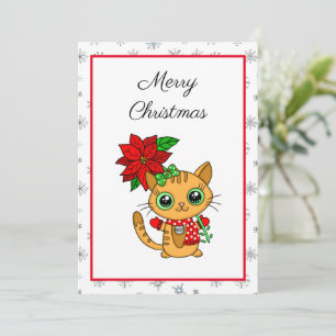 Carte Joyeux Noël   Chat orange avec Poinsettia