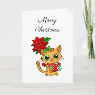 Carte Joyeux Noël   Chat orange avec Poinsettia