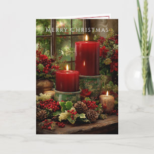 Carte Joyeux Noël Cheminée Bougies Rouges Cônes de Pin
