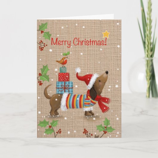 Carte Joyeux Noël, Chien avec des cadeaux sur son dos (Devant)