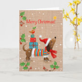 Carte Joyeux Noël, Chien avec des cadeaux sur son dos (Fleur jaune)