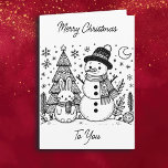 Carte Joyeux Noël couleur moi | Snowman et Bunny<br><div class="desc">Carte de Noël avec pages de coloriage. Les pages de coloriage sont un bonhomme de neige et un lapin avec des arbres de Noël,  la lune et des flocons de neige sur le devant. L'intérieur a un Père Noël et rennes mignons.</div>