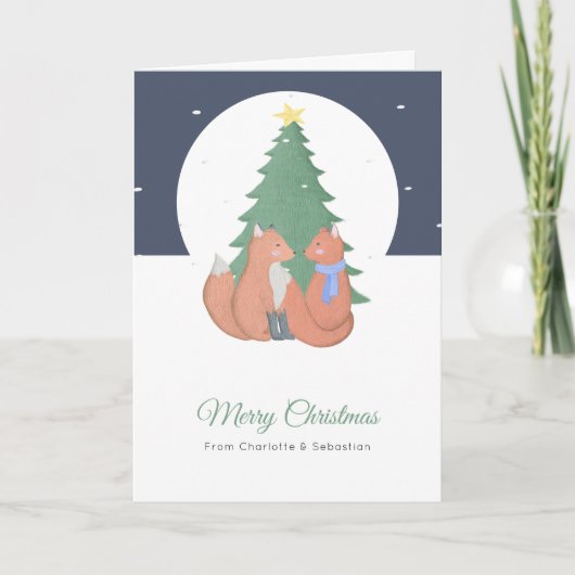Carte Joyeux Noël Couple Fox mignonne et arbre (Devant)