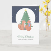 Carte Joyeux Noël Couple Fox mignonne et arbre (Fleur jaune)