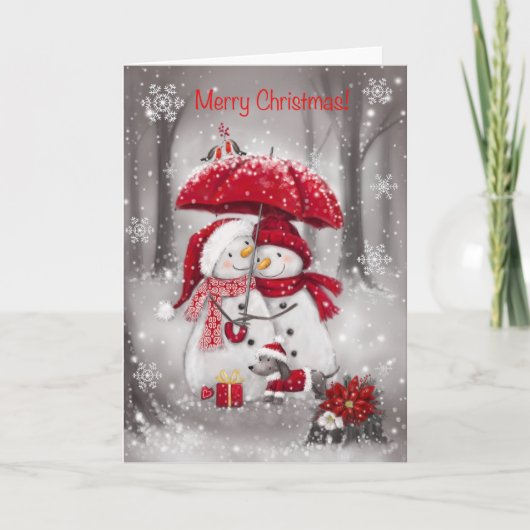 Carte Joyeux Noël, Couple Snowman avec parapluie (Devant)
