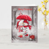 Carte Joyeux Noël, Couple Snowman avec parapluie (Fleur jaune)