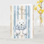 Carte Joyeux Noël Crème Bleue Snowflakes Stripes Ours (Fleur jaune)