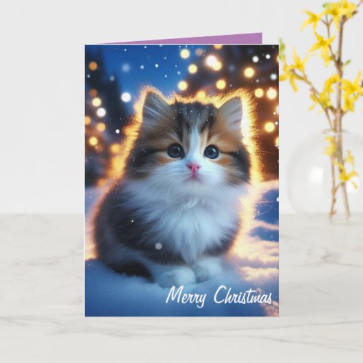 Carte Joyeux Noël Cute Kitten dans la neige (Fleur jaune)