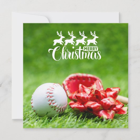 Carte Joyeux Noël de baseball avec cadeaux d'herbe verte (Devant)