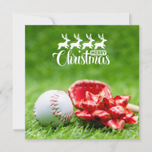 Carte Joyeux Noël de baseball avec cadeaux d'herbe verte