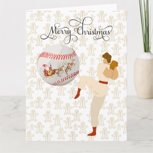 Carte Joyeux Noël de baseball avec joueur et Père Noël  (Devant)