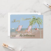 Carte Joyeux Noël du Flamant rose de palmiers de plage (Devant/Arrière en situation)