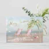 Carte Joyeux Noël du Flamant rose de palmiers de plage (Debout devant)