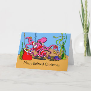Carte Joyeux Noël en retard Santa luttant contre un poul